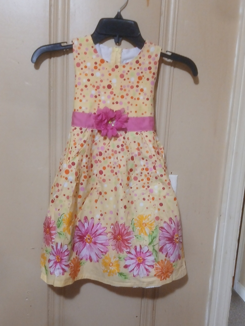 Rare Editions Yellow Floral Polka Dot Dress with Pink Sash